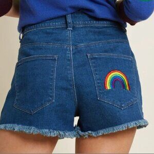 "Come Colorfully' Rainbow pocket  Denim Cutoff Shorts Size XL by Modcloth 🌈